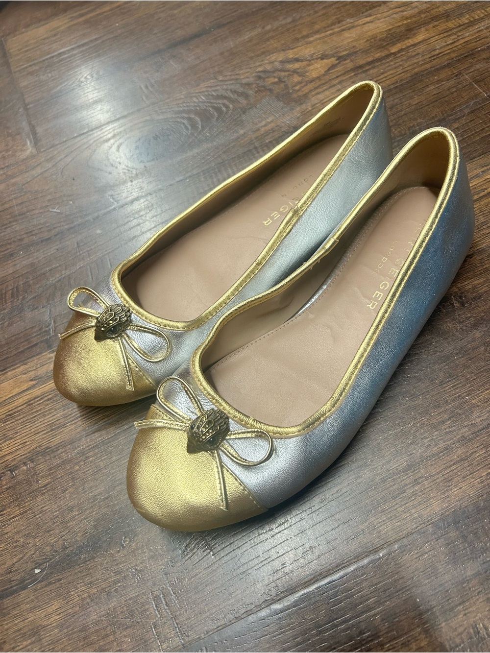 Kurt Geiger Metallic Gold and Silver Bow Ballet Flats